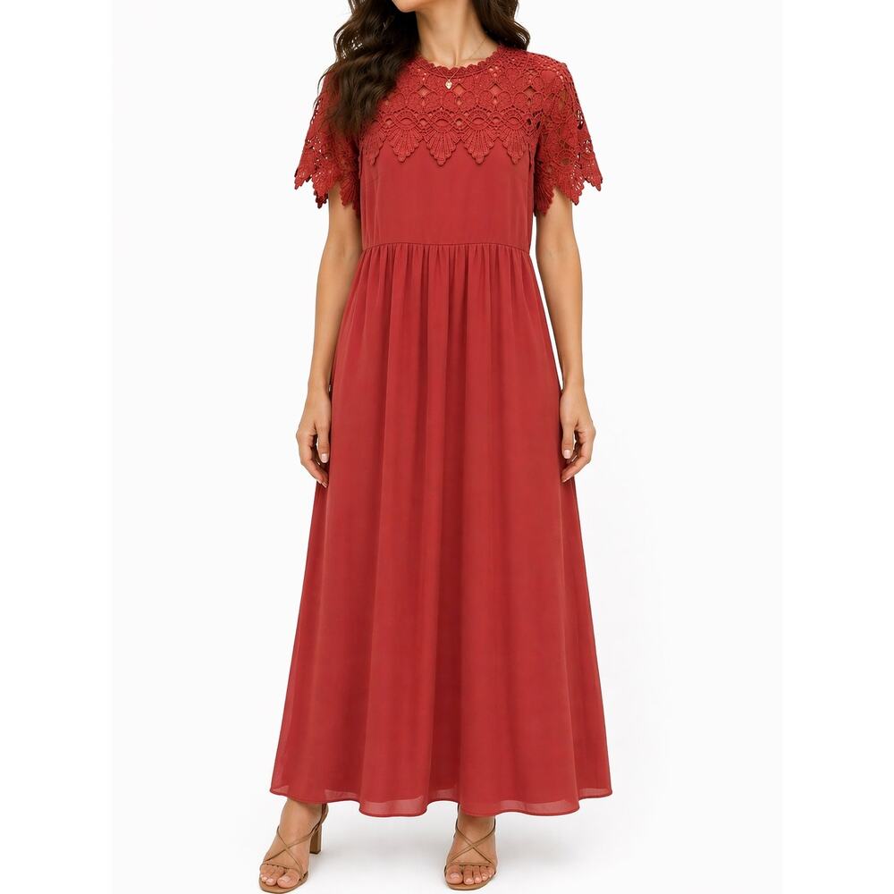 ROOLEE Fiona Rust Red Lace Maxi Dress Crochet Overlay Modest Boho Romantic Large